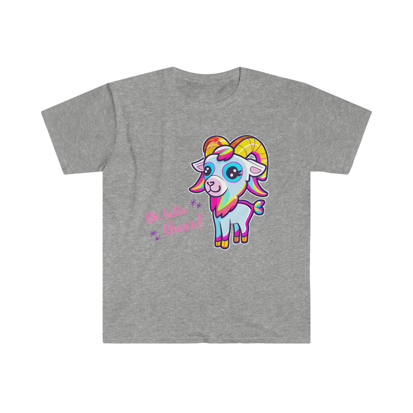 Hello There! Unisex Softstyle T-Shirt, Cute Rainbow Goat, Animal Lover Gift