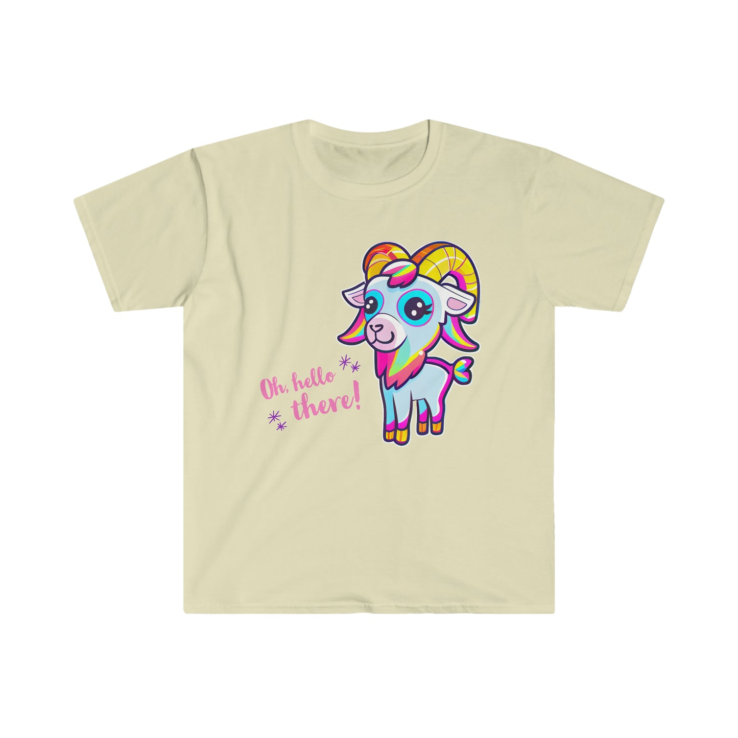 Hello There! Unisex Softstyle T-Shirt, Cute Rainbow Goat, Animal Lover Gift