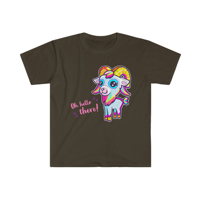 Hello There! Unisex Softstyle T-Shirt, Cute Rainbow Goat, Animal Lover Gift