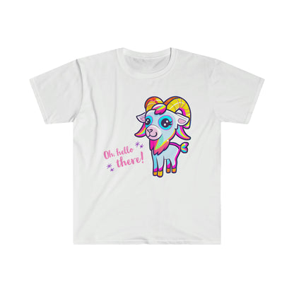 Hello There! Unisex Softstyle T-Shirt, Cute Rainbow Goat, Animal Lover Gift