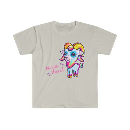 Hello There! Unisex Softstyle T-Shirt, Cute Rainbow Goat, Animal Lover Gift