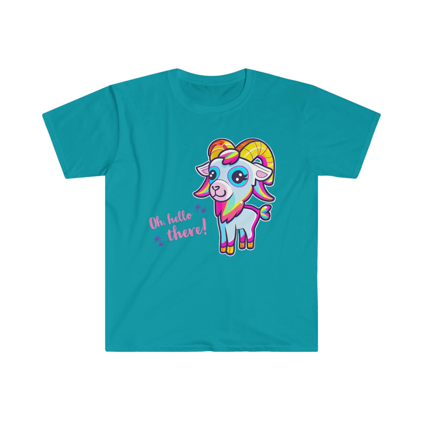 Hello There! Unisex Softstyle T-Shirt, Cute Rainbow Goat, Animal Lover Gift