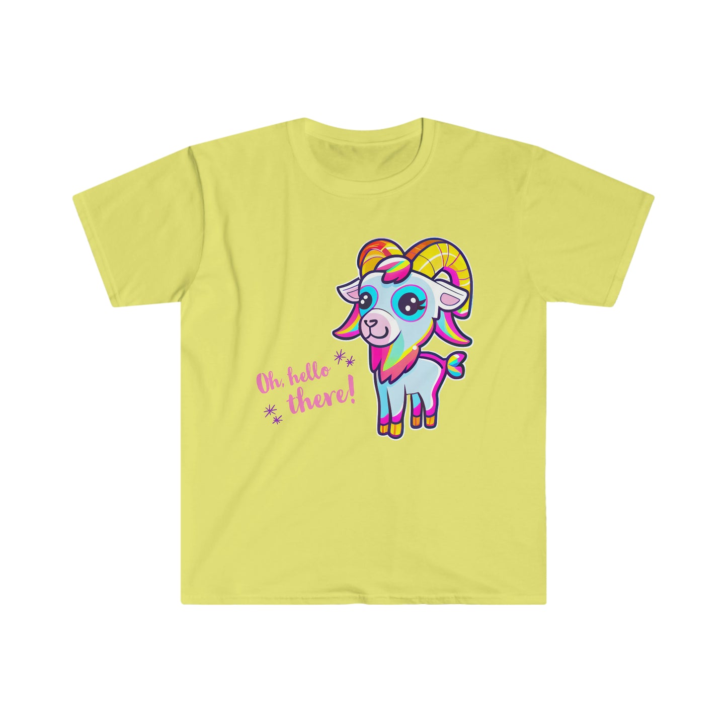 Hello There! Unisex Softstyle T-Shirt, Cute Rainbow Goat, Animal Lover Gift