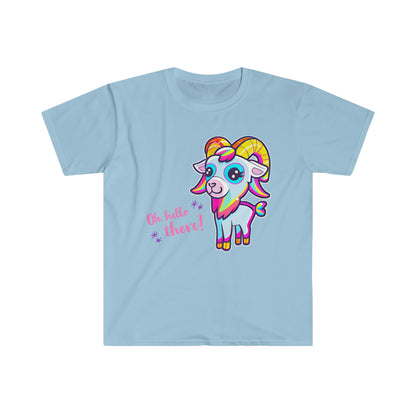 Hello There! Unisex Softstyle T-Shirt, Cute Rainbow Goat, Animal Lover Gift