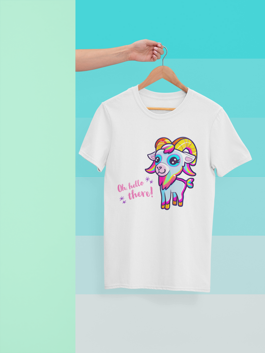 Hello There! Unisex Softstyle T-Shirt, Cute Rainbow Goat, Animal Lover Gift